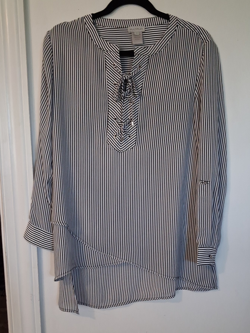 Multiples Black and White Striped Lace-Up Tunic with Asymmetrical Hem